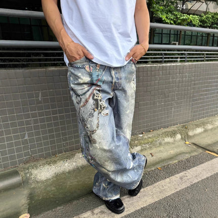 Jiamu Ac Home 3D Printed Flower 24Fw Chain Old Mud Dyed Splash Ink Baggy Loose Jeans for Men and Women