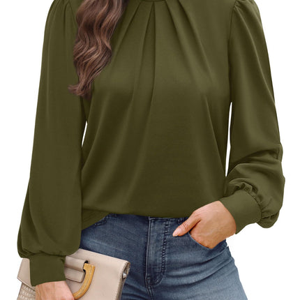 European and American Amazon Cross-Border Autumn and Winter New Long-Sleeved Shirt Small Stand-Up Collar Pleated Front Shirt Casual T-Shirt Top for Women