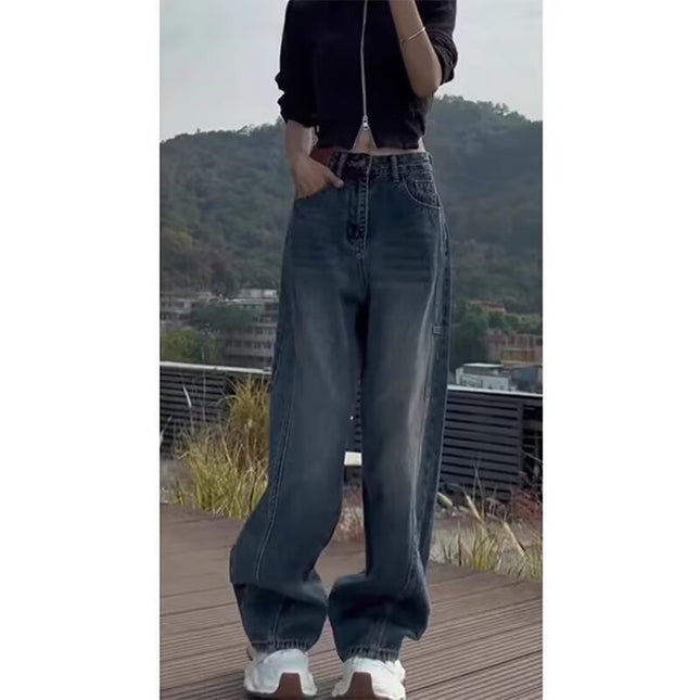 Blue Retro Straight-Leg Jeans for Women, Spring New Style, Petite, Floor-Length, Plus-Size, Loose, Scimitar Wide-Leg Pants