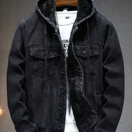 Cross-border new thick warm men's cotton-padded winter imitation lamb fleece cold-proof hooded fleece-lined Denim coat men