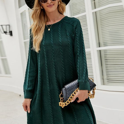 Cross-Border Export Popular Autumn and Winter Fashion Pure Color Long Sweater Dress Round Neck Cable Loose A-Line Knitted Dress