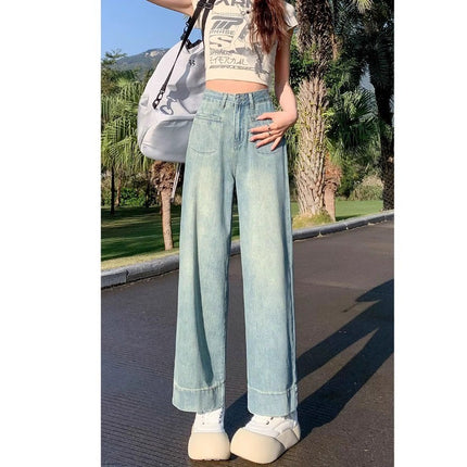 light blue Wide Leg Jeans Women's Fashion All-match New Light Color High Waist Slimming Small Men's Eight-and-Nine Straight Pants