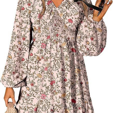 2025 Bohemian Floral V-Neck Long Sleeve Pleated Waist Casual A- Line Skirt with Swing Mini dress