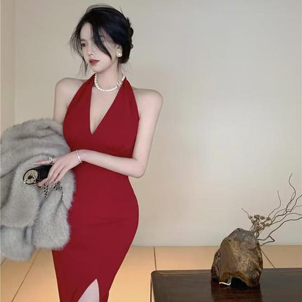 Hong Kong Style Vintage wine red Sleeveless Sexy Backless Split Neck Strap dress Beach Long Dress for Seaside Holiday