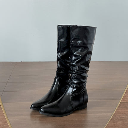 Black British Pointed Toe Thick Heel Inner Heightening Boots Women's Boots 2025 New Autum Slim Retro Knight Boots