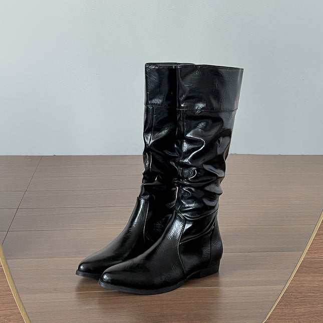 Black British Pointed Toe Thick Heel Inner Heightening Boots Women's Boots 2025 New Autum Slim Retro Knight Boots