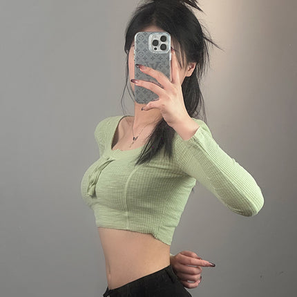 Real Shot Korean Dongdaemun Buckle Slim-fit Slim-fit Sexy Spice Girl Figure Short Long Sleeve T-shirt Top Women's Clothing