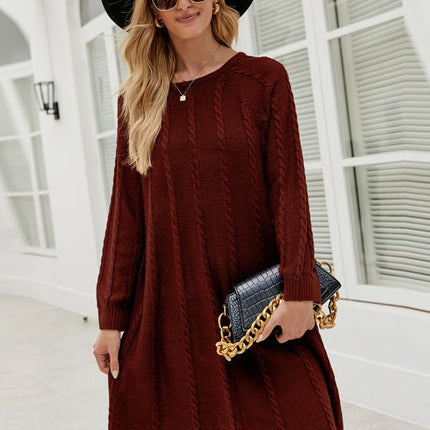 Cross-Border Export Popular Autumn and Winter Fashion Pure Color Long Sweater Dress Round Neck Cable Loose A-Line Knitted Dress