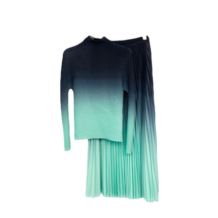 Textured Pleated Bottoming Shirt for Women, Elegant High Collar, Slim Fit, Miyake Non-Balling Gradient Long-Sleeved T-Shirt Top