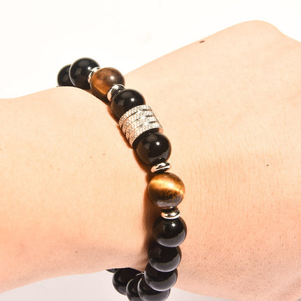 Foreign Trade Jewelry European and American Men's Beaded Bracelets Trendyy Stainless Steel t Tiger Eye Black Bright Stone Men's Bracelet Jewelry