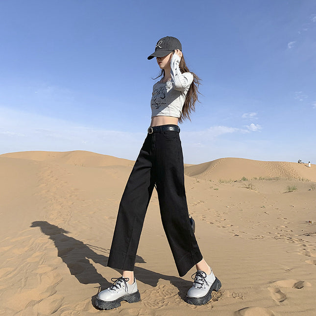 Attention Time Retro High Waist Straight Jeans Women's Autumn and Winter New Slim-fit Cropped Pipe Pants for Small Men