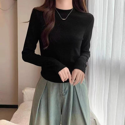 Cross-Border Amazon Fleece-Lined Thickened Base Shirt for Women, Long-Sleeve Top with Regular Shoulders, Slimming, 2025 Autumn and Winter Half-High Collar