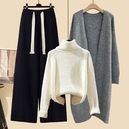 Autumn suit Women's 2024 New Korean Lazy Style Cardigan Jacket with Slim Sweater Wide Leg Pants Three-Piece Set
