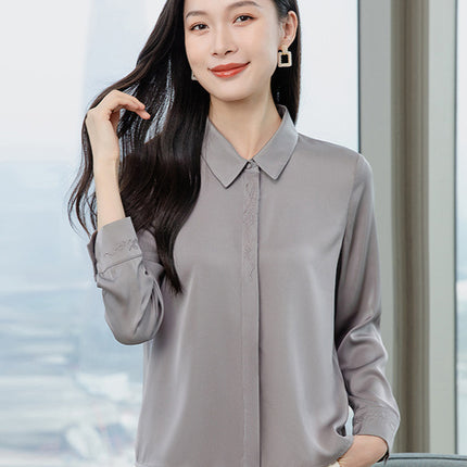 2026 Spring and Autumn Women's Silk Shirt, Solid Color, Turn-Down Collar, Long Sleeve, Real Silk Blouse, Office Professional Top