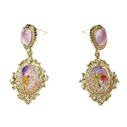 Dandelion-Shaped Oval Alloy Inlaid Earrings, Fresh and Sweet Jewelry with Amber Design, High-End Feel for Women, Silver Needle