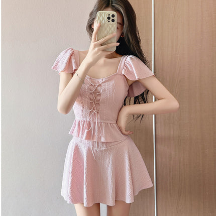 Fairy Swimsuit Women's Split Ruffled Pure Want Waist Cover Belly Conservative Slim Dress Two-piece Hot Spring Swimsuit
