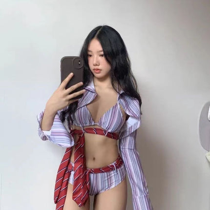[Foul] Summer Spice Girls Retro Stripes Pure Desire Atmosphere Bikini Vacation Split Swimsuit College Style Women