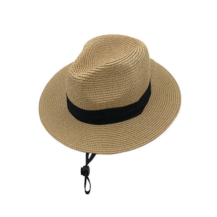 Panama Men's and Women's Straw Top Hat with Three-fold Ribbon Removable Windproof Rope Paper Weaved Straw Sun Hat Sunscreen Big Edge Straw Hat