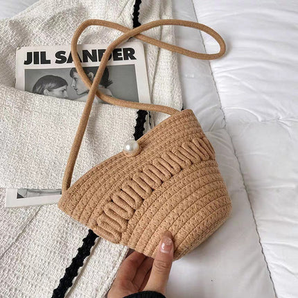 Crossbody Cotton Rope Straw Bag Coin Key Mobile Phone Bag Hollow Cotton Thread Crossbody Bag Casual Cute Woven Bag