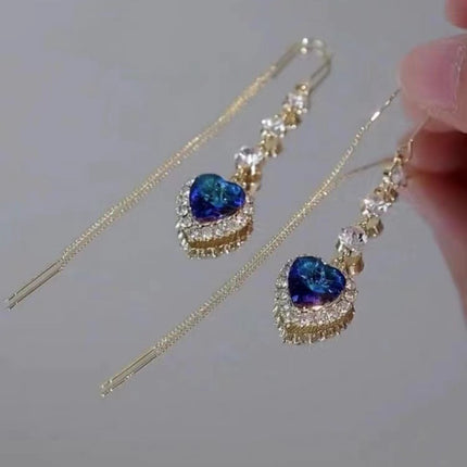Heart to Heart Blue Crystal Love Ear Line Women's Light Luxury High-end Sense Long Face Slim Elegant All-match Earrings
