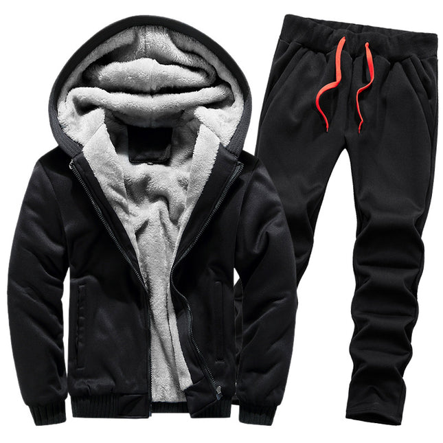 Foreign trade fleece-lined sweater suit men's thickened warm cardigan two-piece set autumn and winter sports casual hooded men's clothing