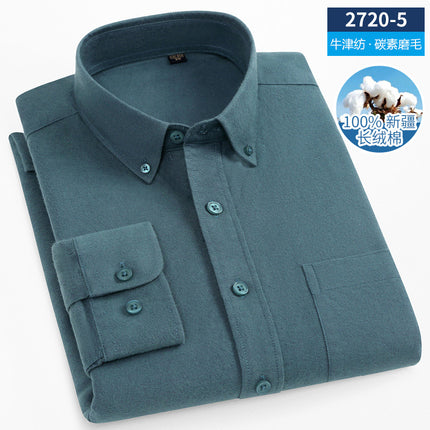 Spring and Autumn Pure Cotton Brushed Pure Color Shirt Men's Long-Sleeved Pure Cotton Anti-Wrinkle Slim Tb Casual Business Men's Shirt Men