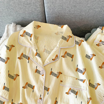 Source Factory Ins Style Dachshund Dog Wrinkle Cloth Three-Piece Short-Sleeved Soft Pajamas Women's Home Clothes Set