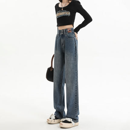 Vintage Wide-Leg Jeans for Women, Spring 2025 New Style, High-Waisted, Petite, Slimming, Straight-Leg, Loose, Floor-Length Pants