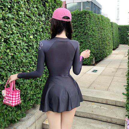 Korean style swimsuit new dopamine pink one-piece skirt swimsuit women's long sleeve sun protection conservative women's swimsuit wholesale