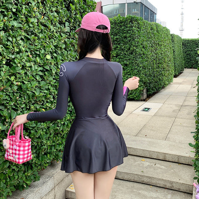 Korean style swimsuit new dopamine pink one-piece skirt swimsuit women's long sleeve sun protection conservative women's swimsuit wholesale