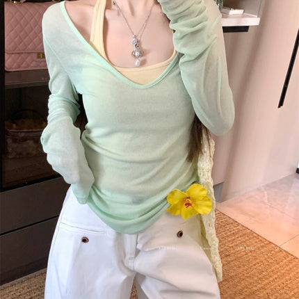 Sun Protection Blouse for Women 2025 New Suit Summer Long-Sleeved T-Shirt Right Shoulder Loose Slimming Look Flesh-Covering Top