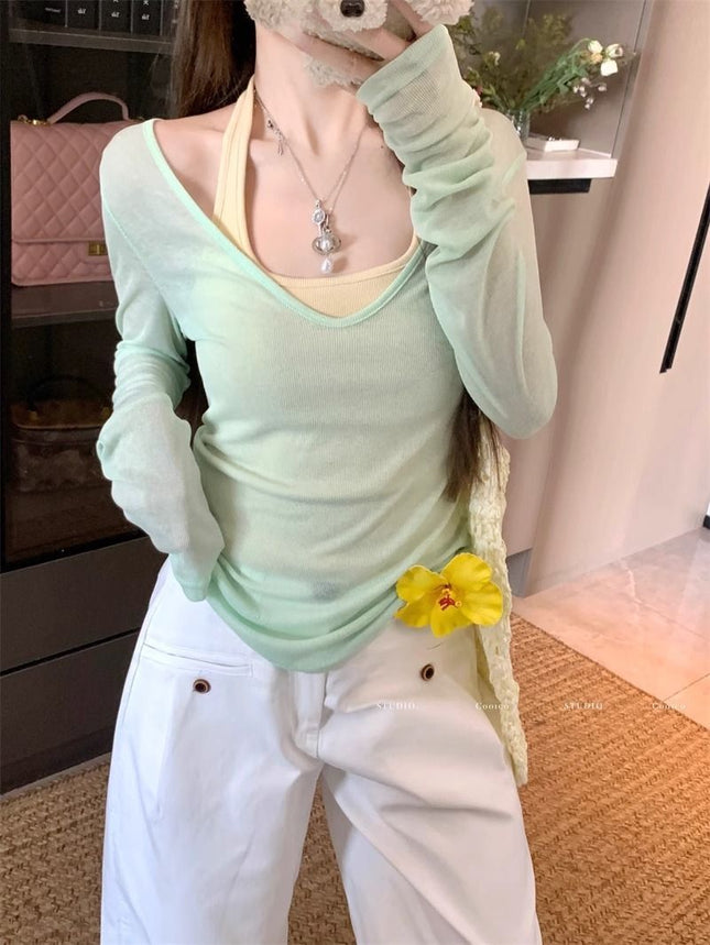 Sun Protection Blouse for Women 2025 New Suit Summer Long-Sleeved T-Shirt Right Shoulder Loose Slimming Look Flesh-Covering Top