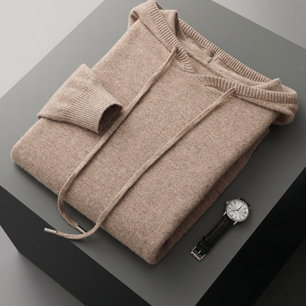 100 Pure Wool Sweater Men's Hoodie with Pocket Solid Color Loose Knitted Sweater Long Sleeve Hooded Sweater New Base Sweater