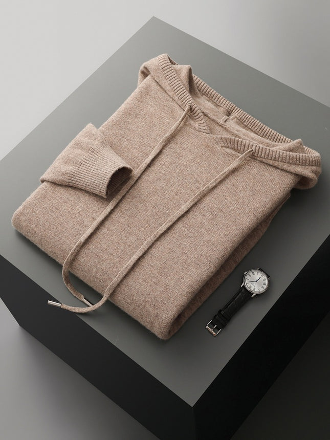 100 Pure Wool Sweater Men's Hoodie with Pocket Solid Color Loose Knitted Sweater Long Sleeve Hooded Sweater New Base Sweater
