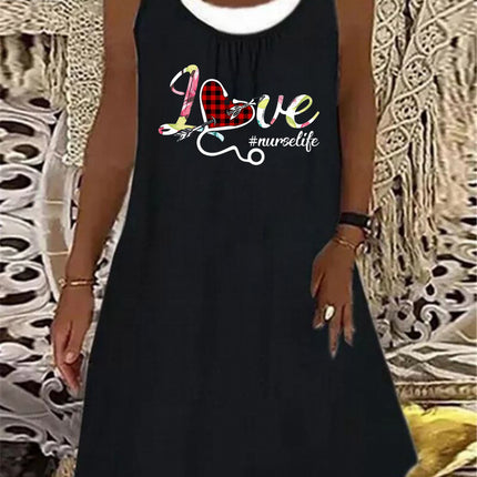 In-Stock 2025 European and American Style Aliexpress Wish Independent Site Fashion Casual Heart Print Faux Two-Piece Sleeveless Dress