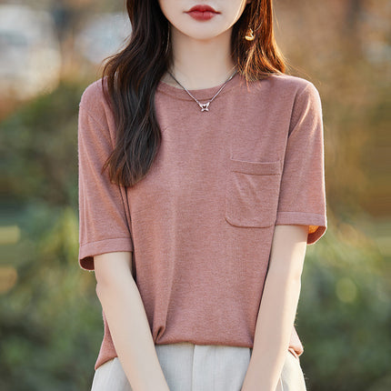 24 New Summer ShorT-sleeved T-shirT Women's Round Neck Pullover Simple Half-sleeved T-shirT Fine ImiTaTion Wool KniTTed Top Loose