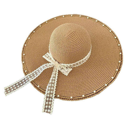 [Great Value] French Style Socialite Flat Top Hat 2025 New Summer Elegant Pearl String Sunshade Woven Straw Hat