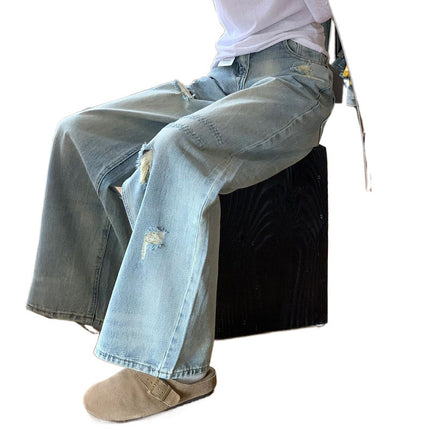 American Retro Ripped Wide-Leg Jeans for Women, Petite High-Waisted Loose Slimming Straight-Leg Floor-Length Pants Trendy