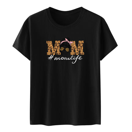 Amazon momlife Skull Leopard Print Sunglasses Mother's Day Gift Letter Print Casual Short Sleeve T-Shirt Women