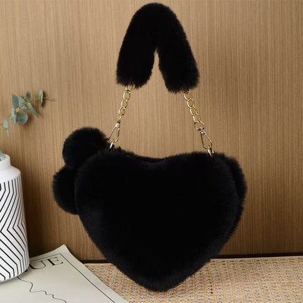 Autumn and Winter Portable Heart Plush Bag, Fashionable Chain Crossbody Plush Bag, Peach Heart Bag, Popular Fur Trendy Style for Women