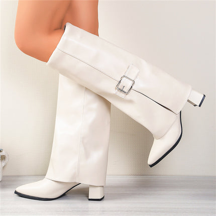 Over-The-Knee Fashion Boots for Women 2025 British Style with Belt Buckle Pointed Toe Chunky Heel Long Boots Foreign Trade Large Size Bootcut Boots