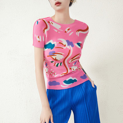High-End Pleated Short-Sleeved Top for Women Summer Printed Slim-Fitting High-Elastic Tight-Fitting Large Size Garden Collar Accessible Luxury Miyake T-Shirt