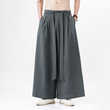 2025 Summer New Chinese Style Cotton and Linen Men's Casual Trousers Cross-Border Men's Loose Linen Wide Leg Pants Wholesale