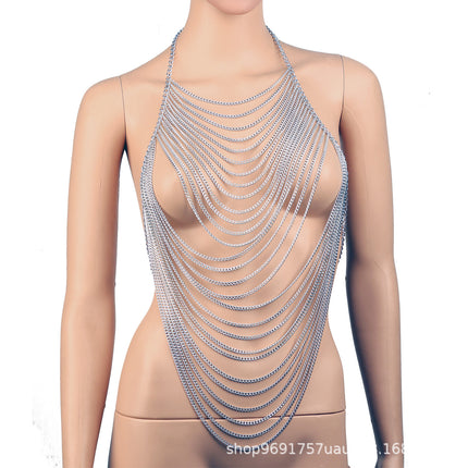 Cross-Border European and American Exaggerated Chest Chain Gold and Silver Multi-Layer Tassel Body Chain Trendy Runway Nightclub Chain Performance Necklace