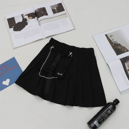 Harajuku Style Large Pocket Retro Workwear High-Waisted Pleated Skirt Half Skirt Short Skirt for Female Students A-Line