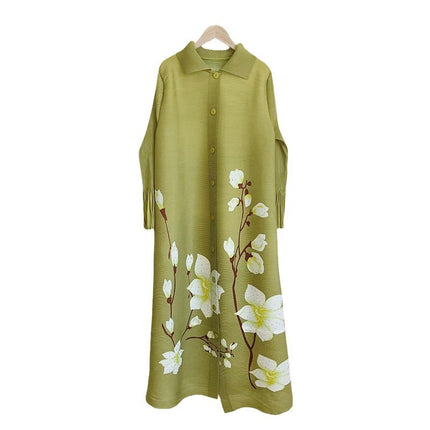 Dress Plus Size Pleated Women's New Style Printed Elegant Loose Slimming Mid-Length Single-Breasted Dress