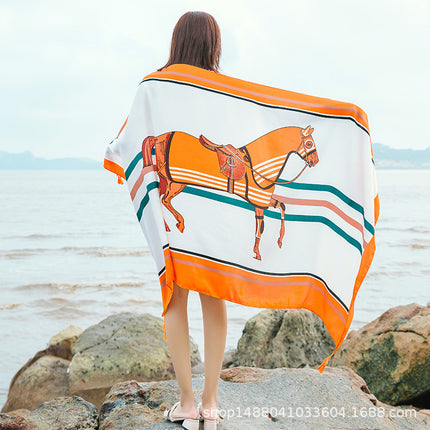 Ethnic Style Printed Silk Scarf Women's Seaside Travel Sun Protection Gauze Air Conditioning Warm Scarf Versatile Long Shawl