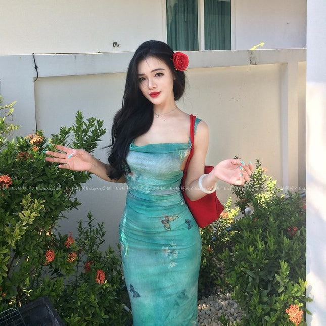 French Green Printed Swing Collar Suspender Dress for Women's Summer Seaside Vacation, Beautiful Slim Fishtail Hip-Hugging Long Skirt
