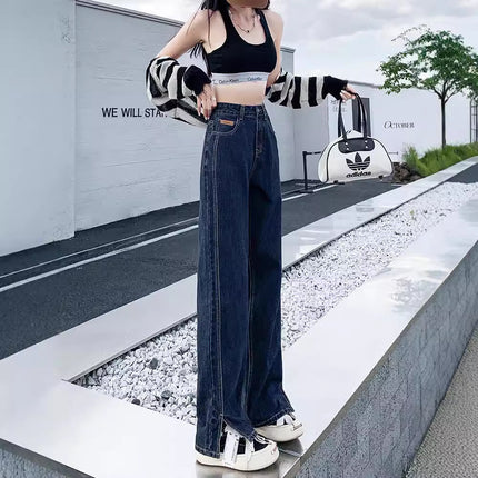 Blue Gray Split Wide Leg Jeans Women's Autumn 2024 New High Waist Design Sense Straight Loose Mop Pants