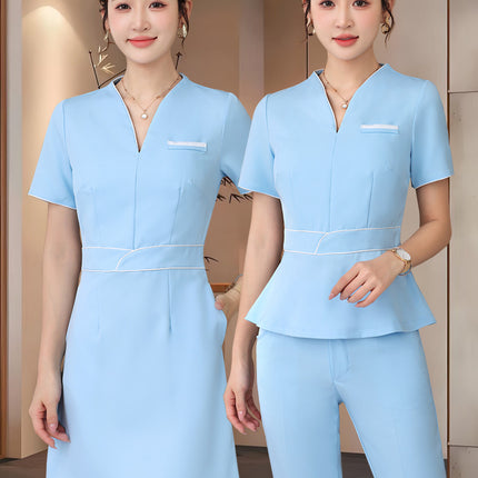Summer Beauty Salon Short-Sleeved Technician Uniforms for Women, High-End Spa Club Foot Bath and Head Therapy Beautician and Waitress Work Uniforms